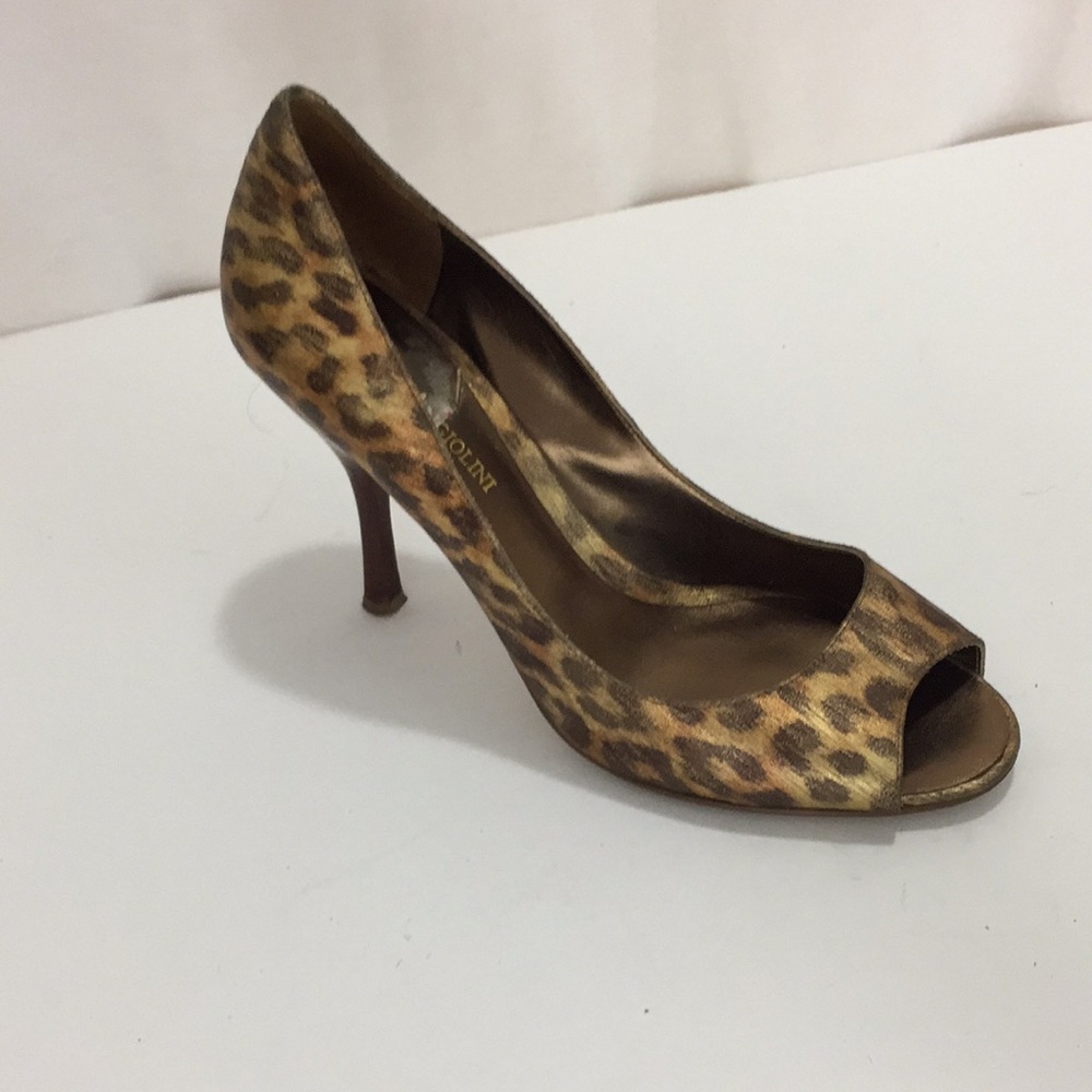 Enzo Angiolini Leather Bronze Gold Leopard Peep Toe Eamaylie Shoes Heels 8.5
